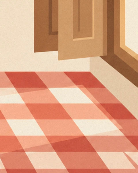 The brown wooden shutters partly open above the red checked tablecloth