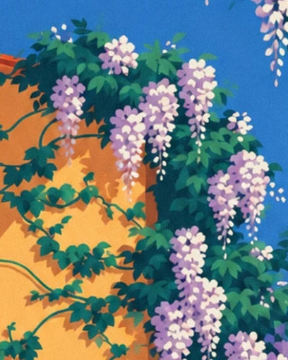 Clusters of mauve and white wisteria on the ochre wall of the trattoria