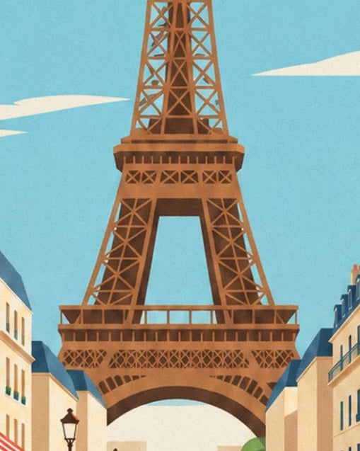 The brown tour Eiffel and its arch between buildings with cream façades