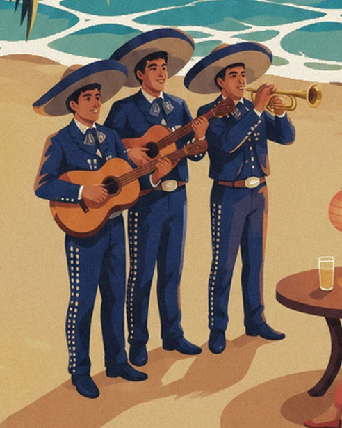 Die 3 Mariachis in blauen Anzügen und Sombreros mit 2 Gitarren und einer Trompete am Strand