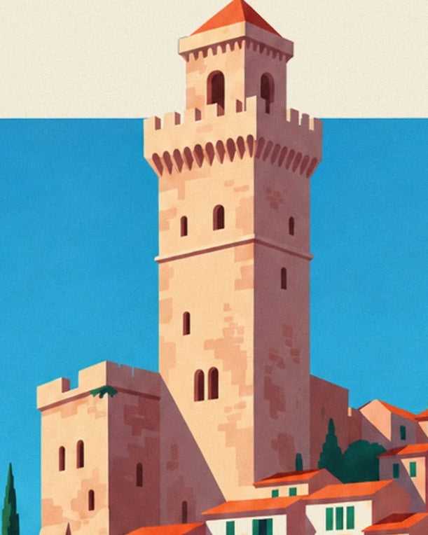 La tour crénelée du Suquet, ses pierres rosées et son toit rouge sur fond bleu