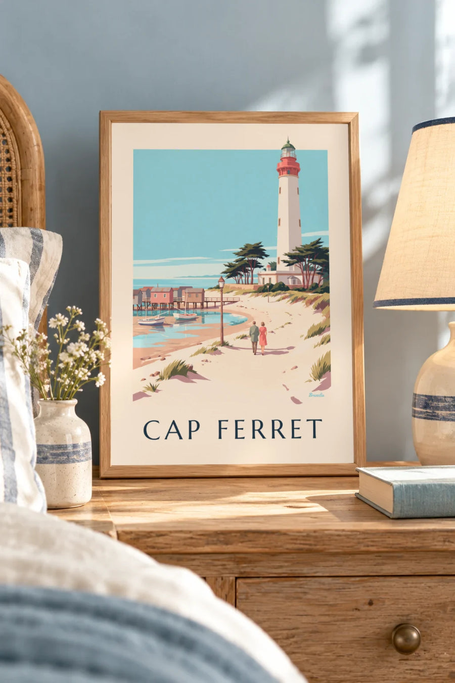 Affiche phare et cabanes ostréicoles du Cap Ferret : petit format A4 encadré