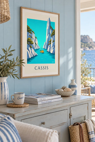 Affiche bateau jaune dans une calanque de Cassis : encadrée au mur
