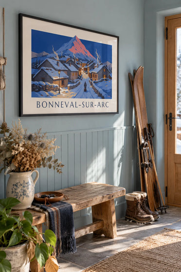 Poster Dorf Bonneval-sur-Arc im Schnee in der Abenddämmerung: gerahmt an der Wand