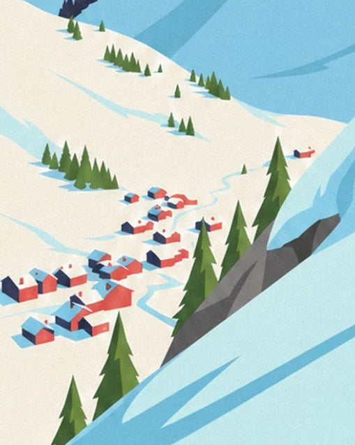 Le hameau de chalets aux toits rouges au creux de la pente enneigée, entouré de sapins