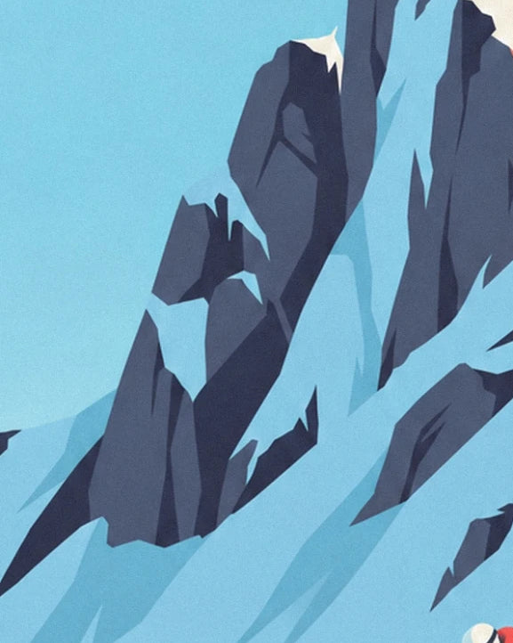 Falaises de roche bleu-gris striées de neige sous un ciel bleu clair