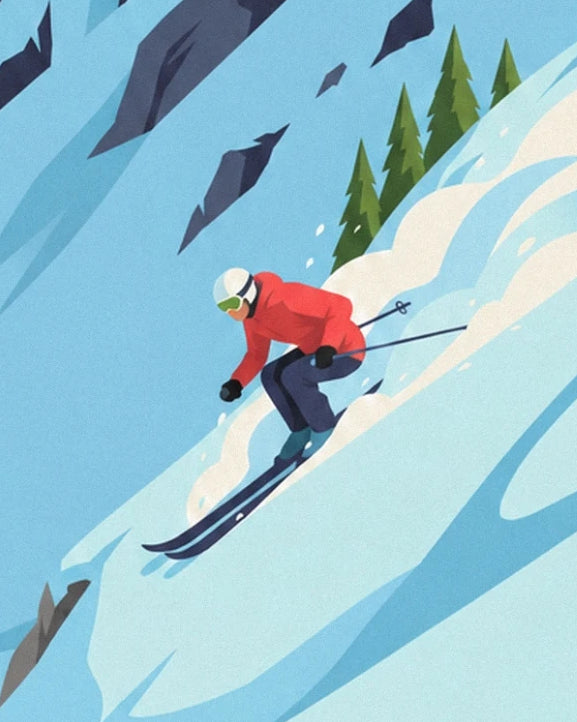 Le skieur en veste rouge et casque blanc qui descend la pente de poudreuse, près des sapins