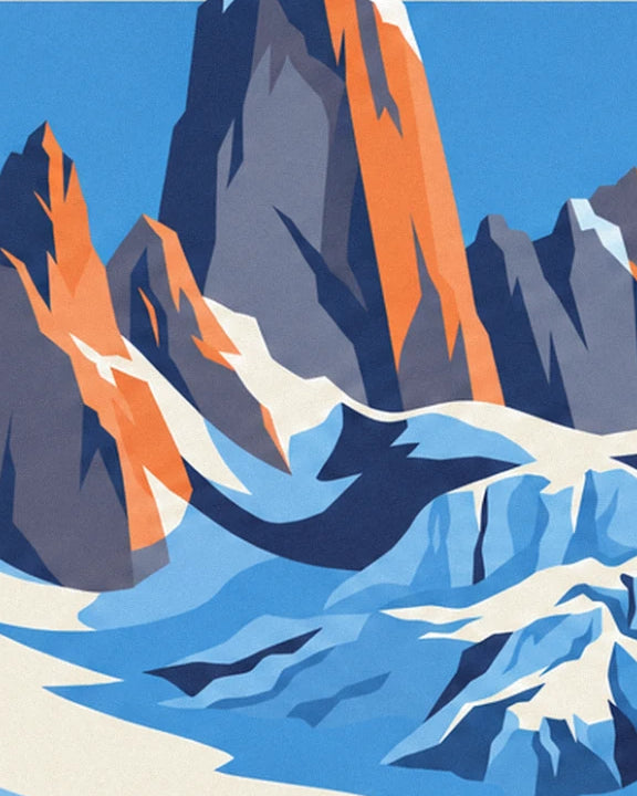 Orange und graue Felsnadeln über den blauen Eistürmen des Gletschers