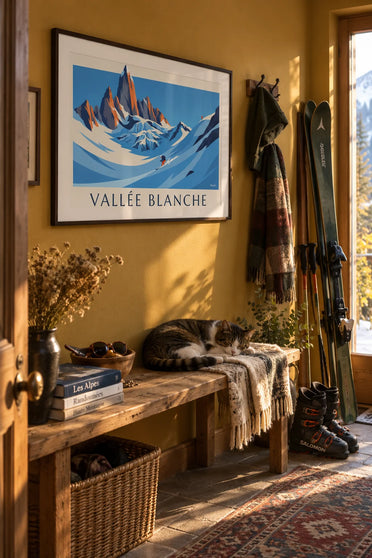 Poster Variantenskifahrer auf dem Gletscher der Vallée Blanche: gerahmt an der Wand