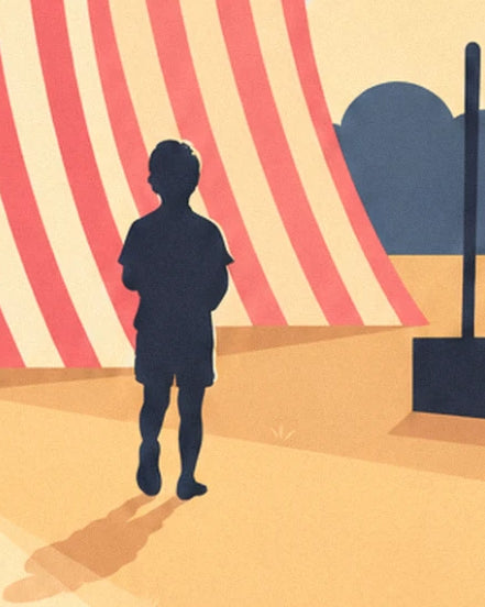The silhouette of a child seen from behind, on the sand in front of the red and cream striped circus tents