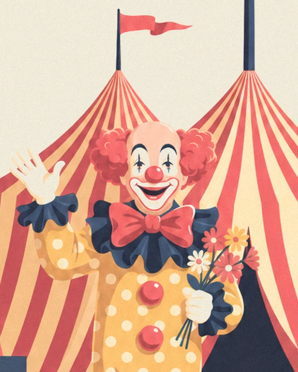 The clown in yellow polka dots waving, with a large red bow and a bunch of flowers