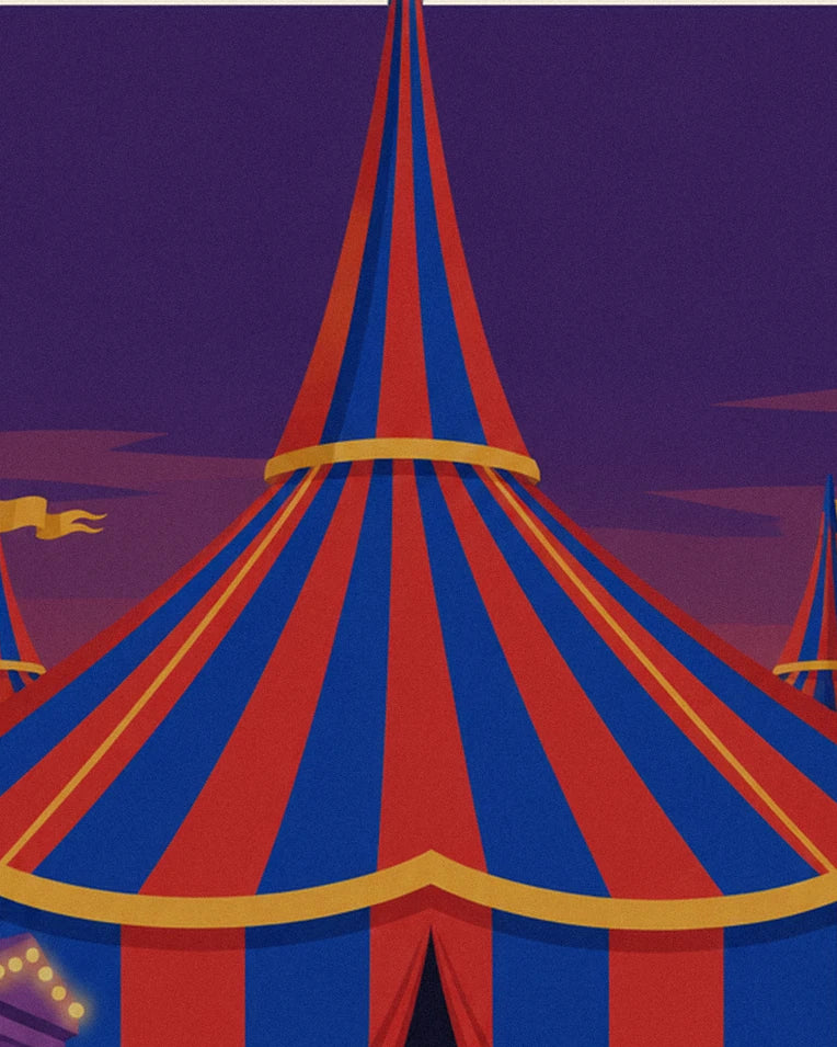The large red and blue striped big top beneath a purple twilight sky, with a yellow pennant in the wind