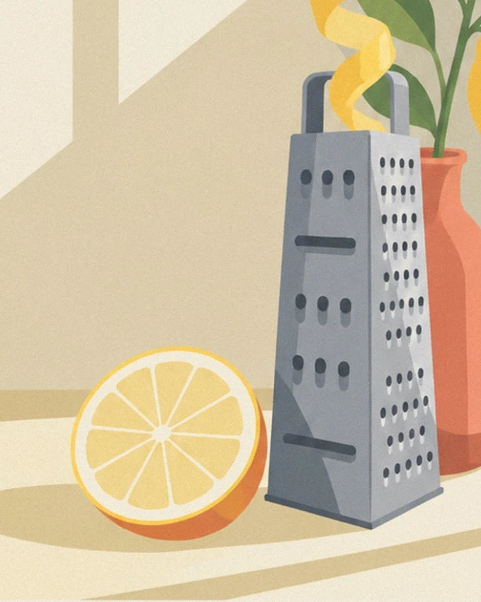 Die halbe Zitrone und die graue Reibe neben einer orangefarbenen Vase