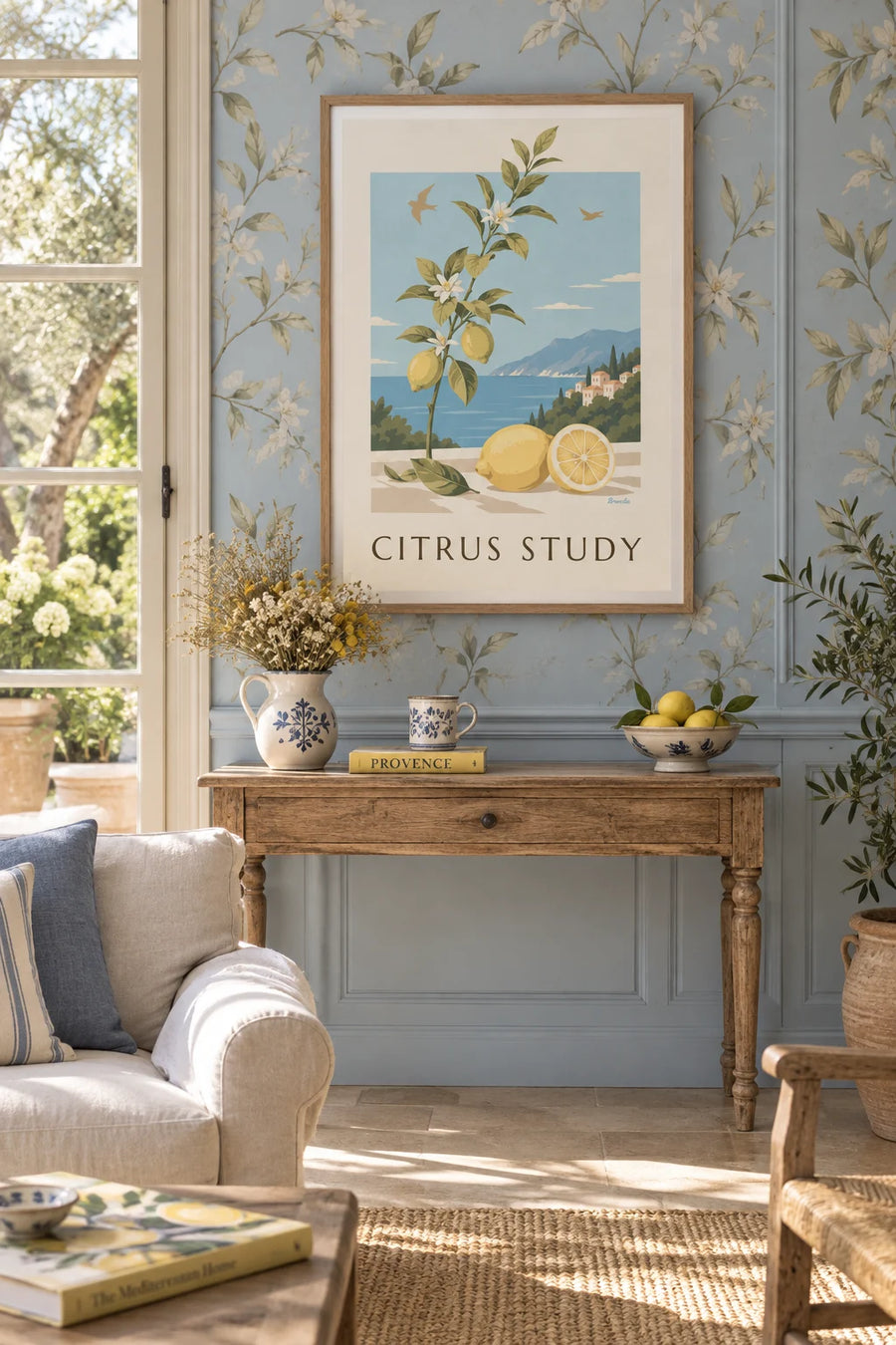 Poster of a botanical plate of lemons, fruit, leaves and flowers: framed on the wall