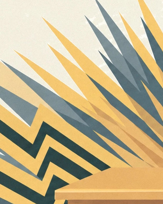 Yellow and grey points above dark chevrons and the corner of a table