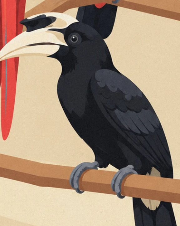 Ein schwarzer Nashornvogel mit elfenbeinfarbenem Schnabel und Horn darauf, der einen Ast umklammert
