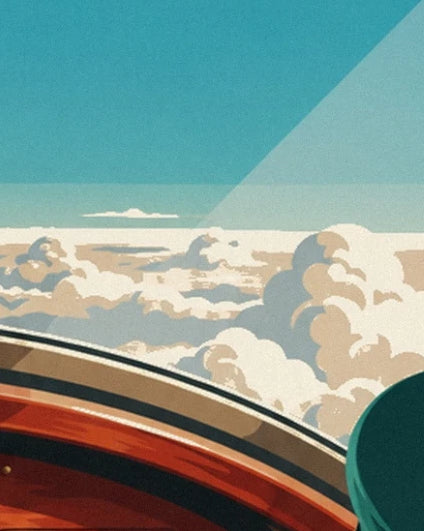Die cremefarbenen Wolken unter dem türkisen Himmel über dem geschwungenen Cockpitrand