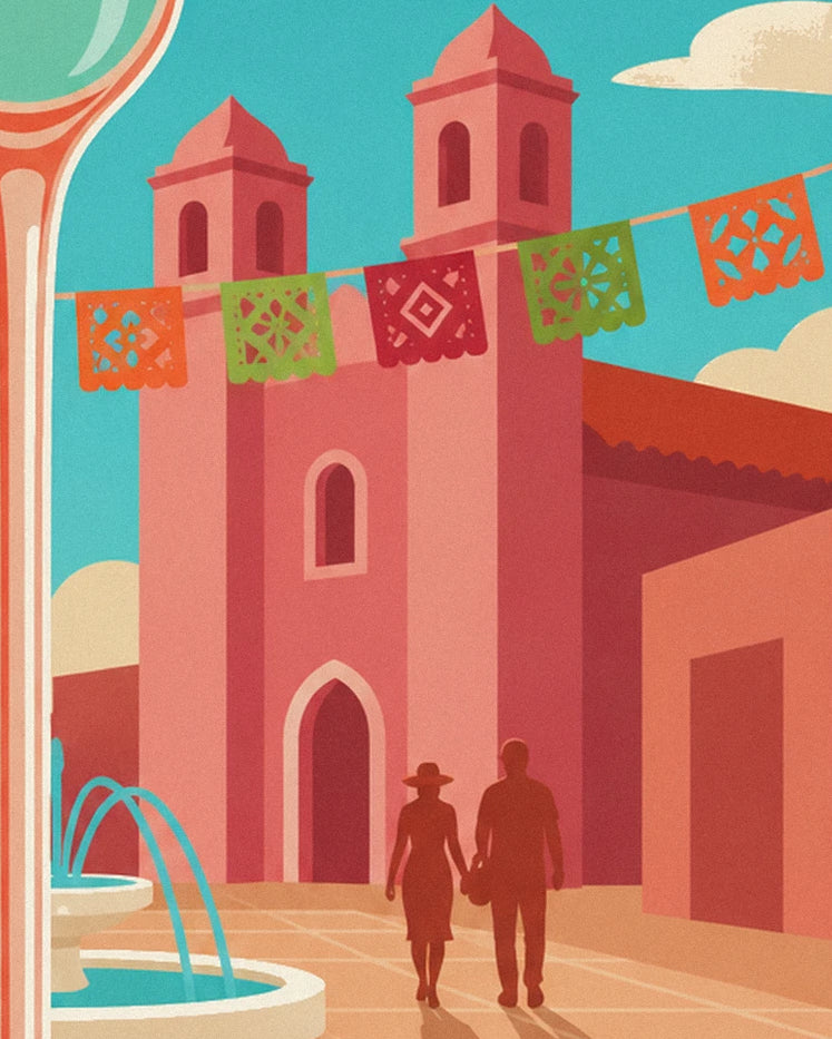 Ein Paar, das Händchen hält, vor einer rosa Kirche mit zwei Glockentürmen und bunten Wimpelketten