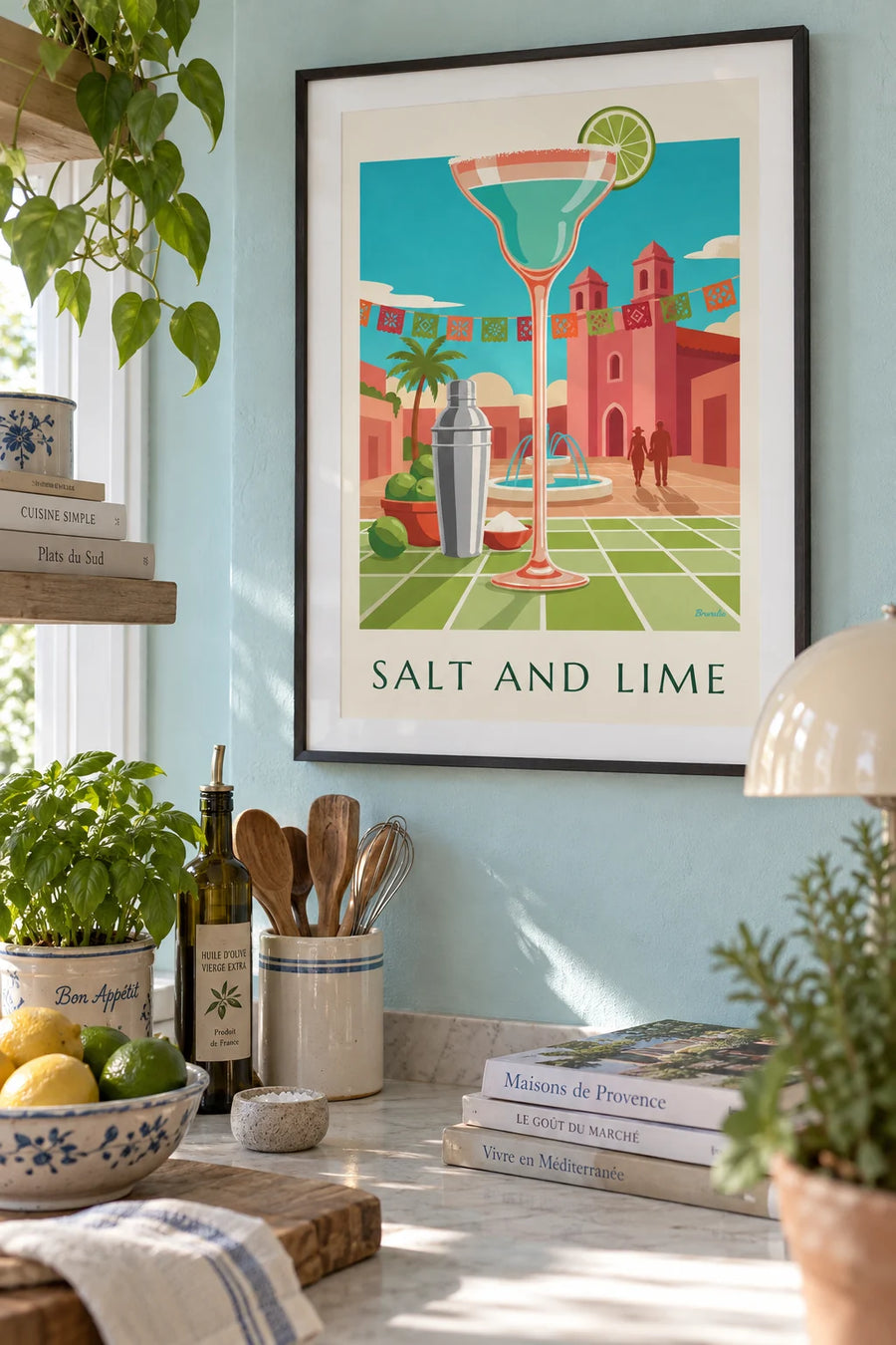 Affiche cocktail margarita sur une table de cantina mexicaine : encadrée au mur