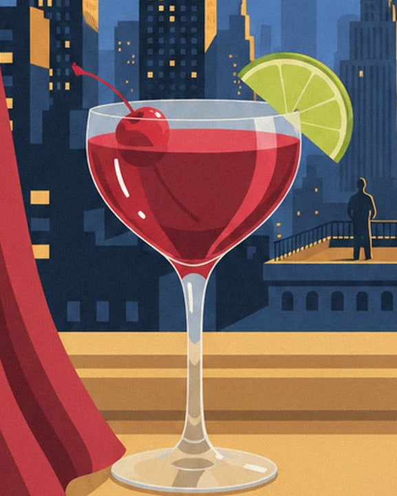 A red cocktail with a cherry, a lime slice and a red curtain on the terrace