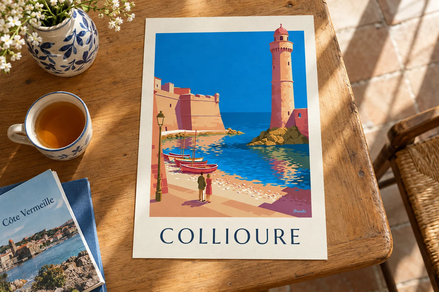Affiche château royal et clocher de Collioure au bord de la baie : posée sur une table