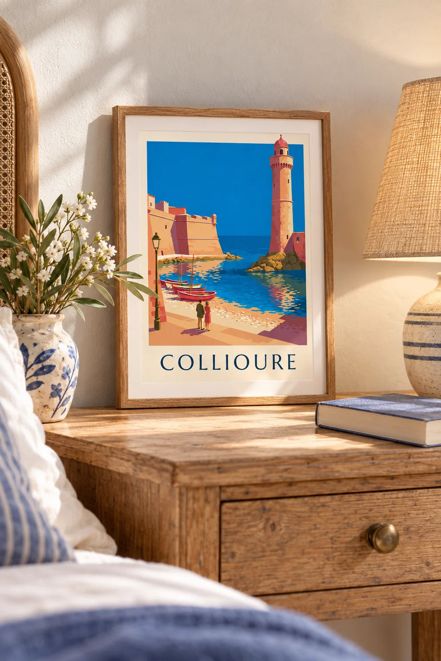 Affiche château royal et clocher de Collioure au bord de la baie : petit format A4 encadré