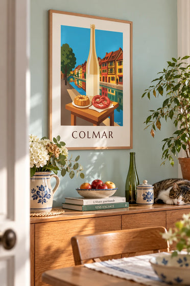 Poster Fachwerkhäuser in Colmar, Kougelhopf und elsässischer Wein: gerahmt an der Wand