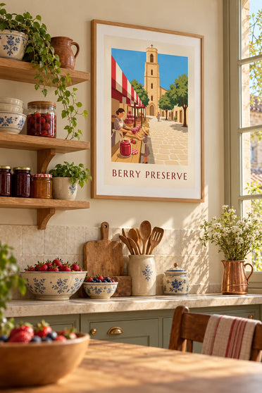 Affiche pot de confiture de fraises sur un étal de fête de village : encadrée au mur