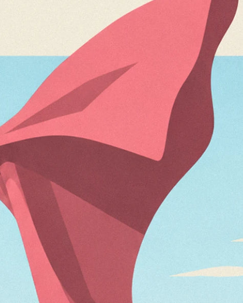The pink cape with broad dark red folds against a sky blue background