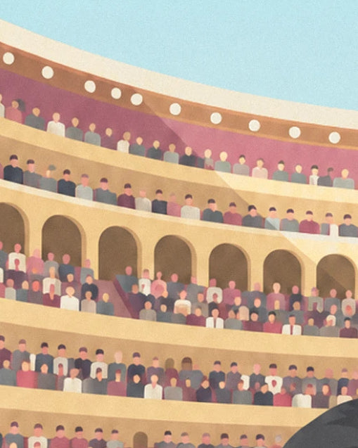 The arena stands filled with spectators, between ochre arches and balustrades