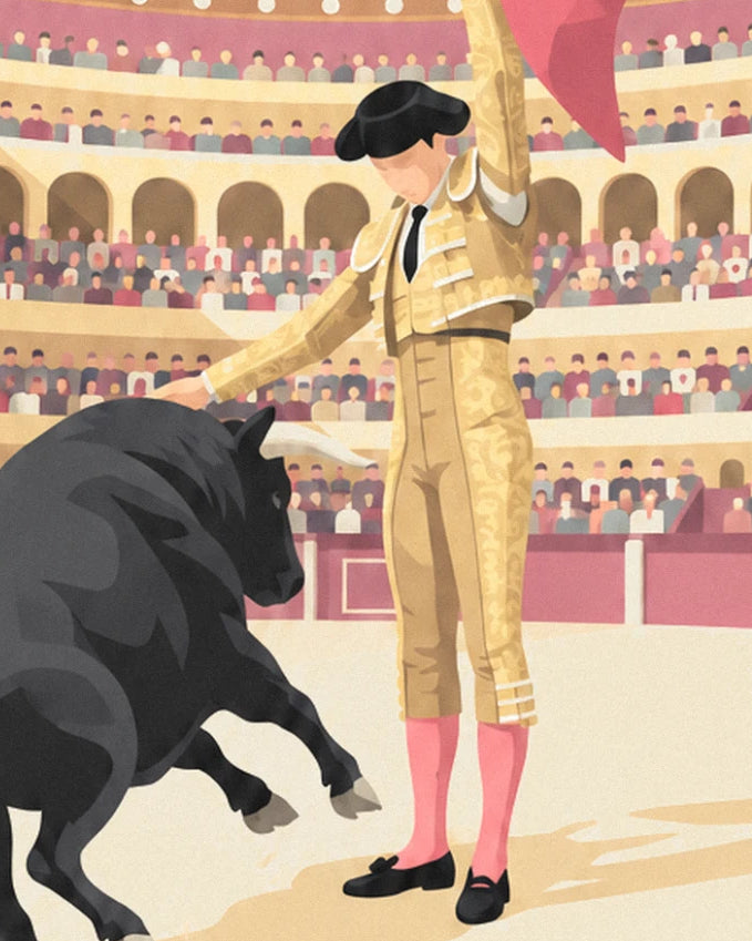 The matador in a golden suit and pink stockings facing the black bull in the arena