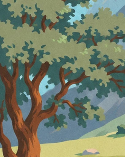 A tree with a gnarled trunk and green leaves in front of the Corsican slopes