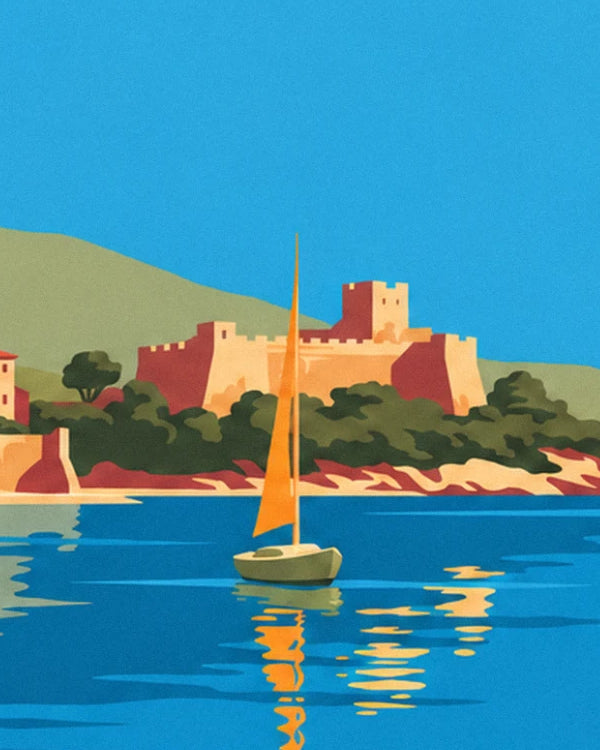 Eine kleine Yacht mit orangefarbenem Segel vor der Zitadelle, auf blauem Wasser