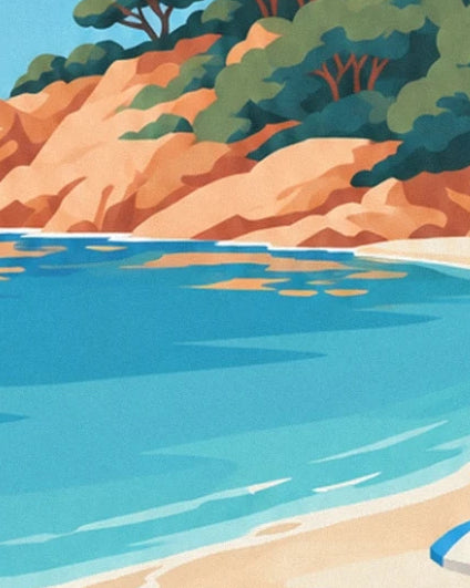 Orange rocks lined with pines and the turquoise water of the bay