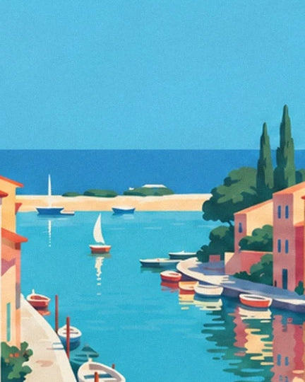 The canal opening onto the sea, with its sailing boats, rowing boats and cypress trees