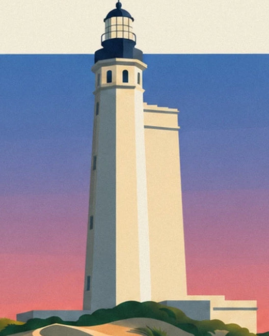 The white lighthouse of l’Espiguette and its dark lantern against a blue and pink sky