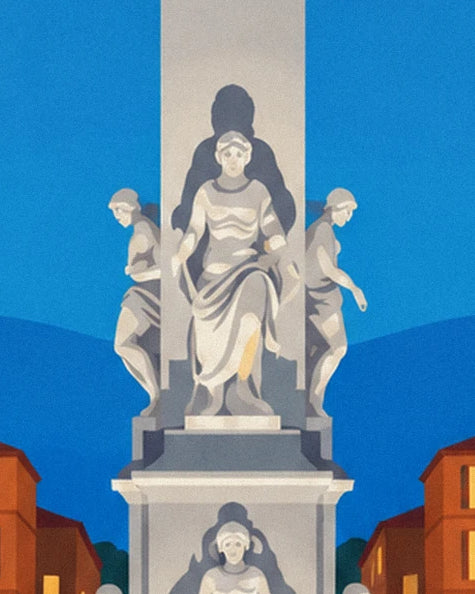 The pale statues of the fontaine de la Rotonde on their plinth beneath the blue sky
