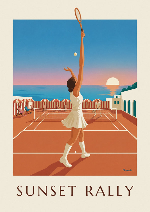 Affiche court de tennis et parasols au coucher du soleil
