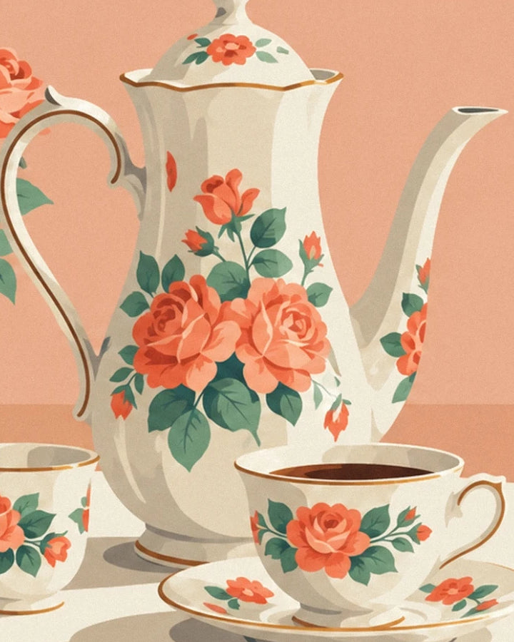 Die Porzellankanne und die Tasse mit orangefarbenen Rosen und Goldrändern