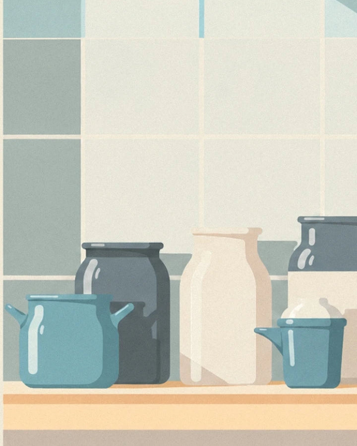 Grey and blue stoneware pots and a cream milk bottle lined up on the worktop