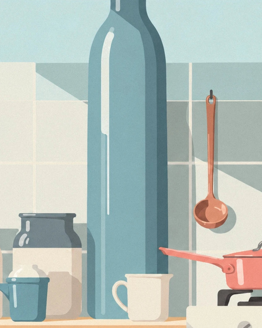 A large blue bottle, a copper ladle on the wall and a grey pot on the shelf