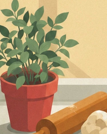 The green plant in a red pot beside the wooden rolling pin