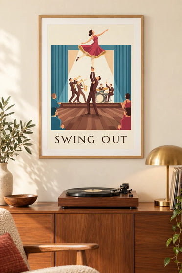 Affiche couple de danseurs de swing dans une salle de bal : encadrée au mur