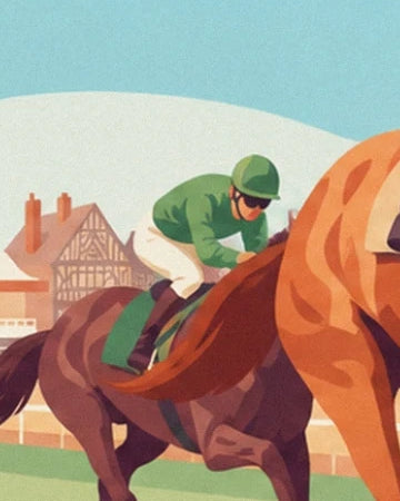 Der Jockey in Grün auf einem galoppierenden Pferd, vor den Fachwerkhäusern