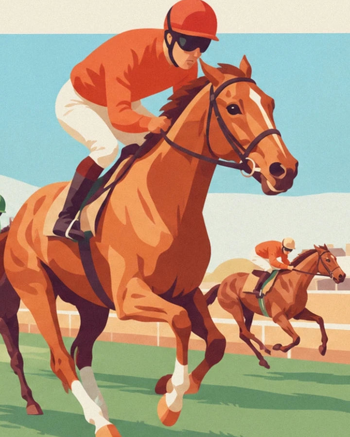 Der Jockey in orangefarbener Rennjacke auf einem Fuchs, vor einem anderen Reiter