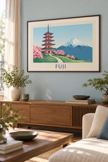Affiche pagode Chureito face au mont Fuji et cerisiers : encadrée au mur