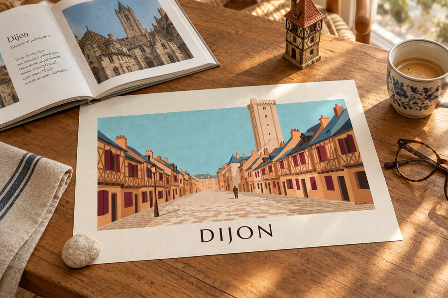 Poster Mittelalterliche Fachwerkhäuser in Dijon: auf einem Tisch