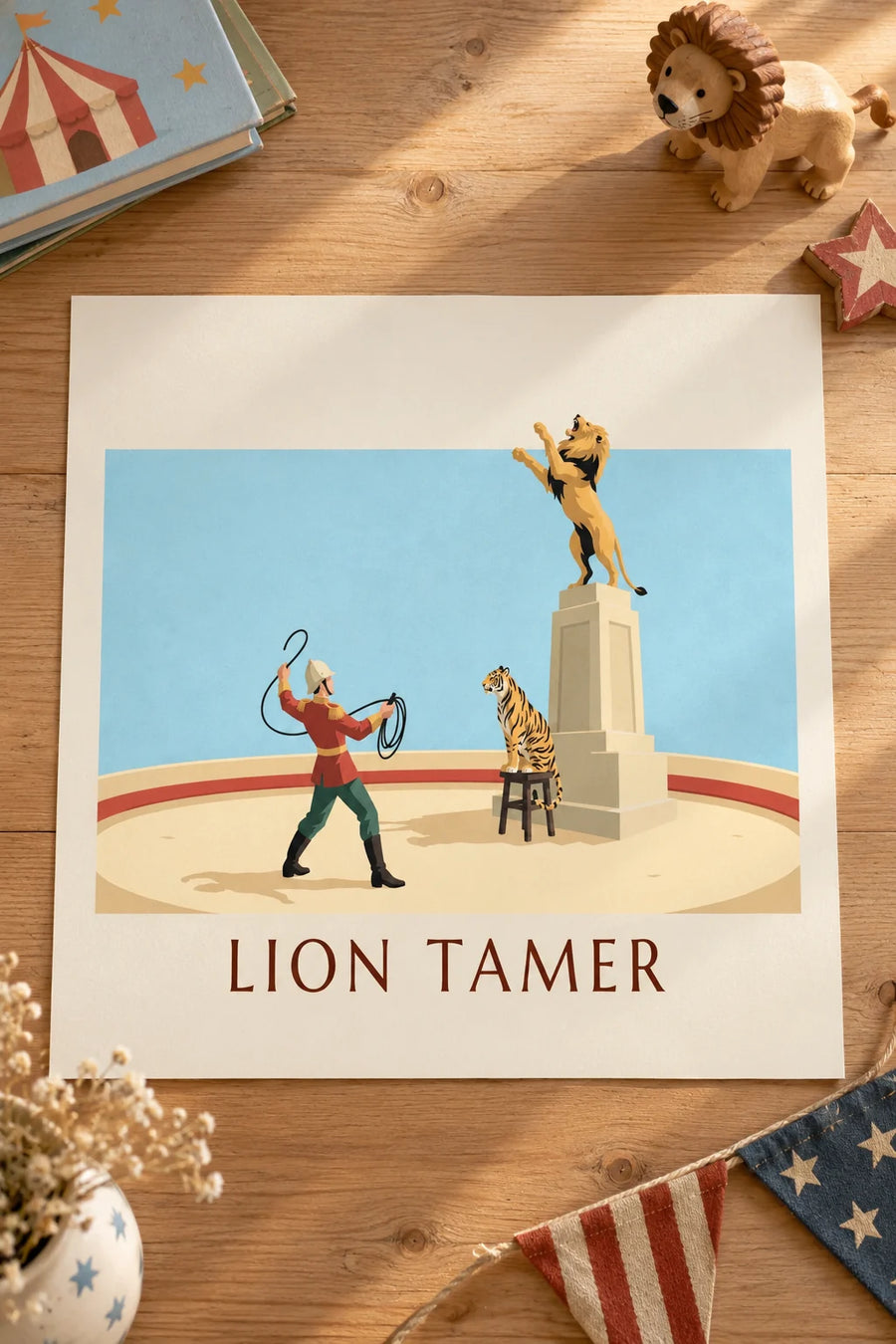 Poster of a lion and tiger tamer in the circus ring: resting on a table