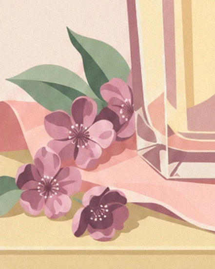 Mauve flowers and green leaves against the bottle, on pink silk