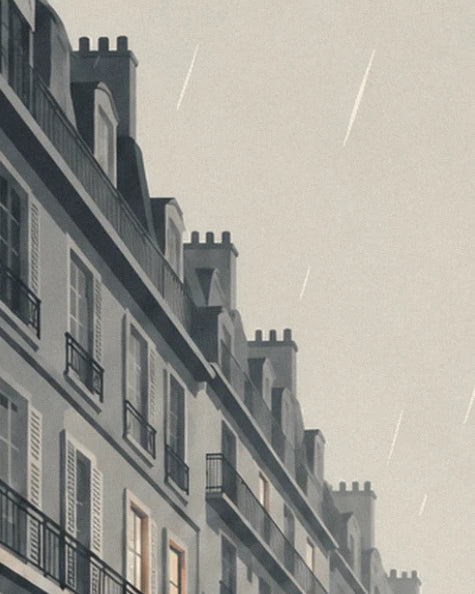 Building rooftops with chimneys and dormer windows, beneath a beige sky streaked with rain